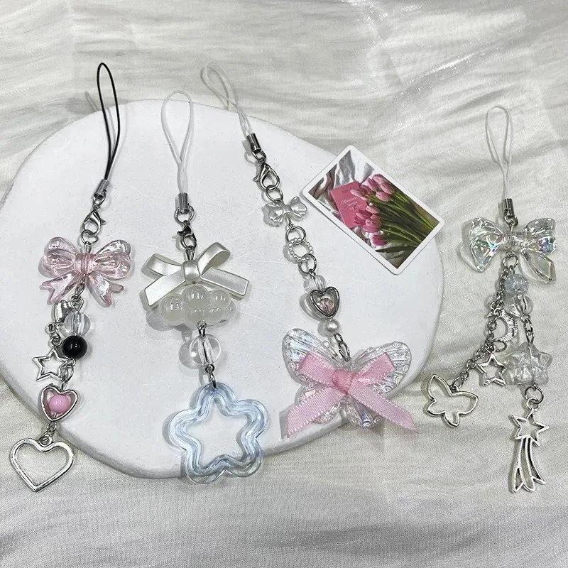 [แฟชั่น] 1pc น่ารักผีเสื้อลูกปัด Handmade Sweet Girl พวงกุญแจสําหรับ IP 16 กล้อง Kawaii Y2K Love Five Pointed Star โทรศัพท์ Ch จี้