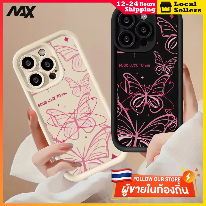 เคสไอโฟน11 เคสโทรศัพท์มือถือแบบนิ่ม กันกระแทก ผีเสื้อสีชมพู for IPhone 14 13 7Plus 15 12 11 Pro MAX 8 6 7 6S Plus X XR
