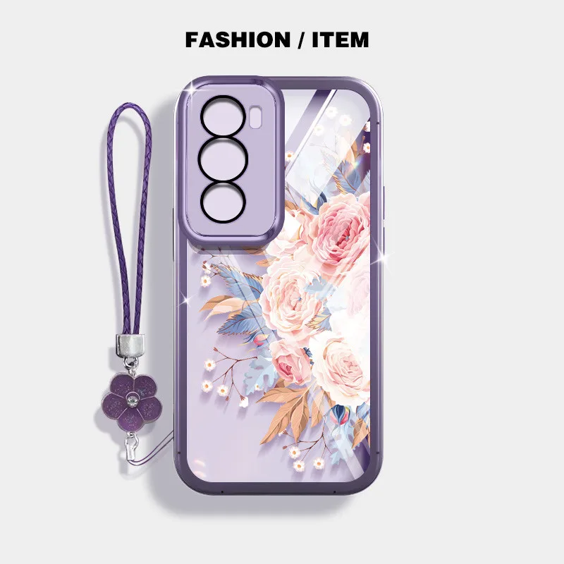 เคสโทรศัพท์สําหรับoppo Reno 12 5G Reno12 F Reno12 Pro 5G 12Fแฟชั่นช่อดอกไม้โปร่งใสAnti Dropกรณีดอกไม้เชือกแขวน
