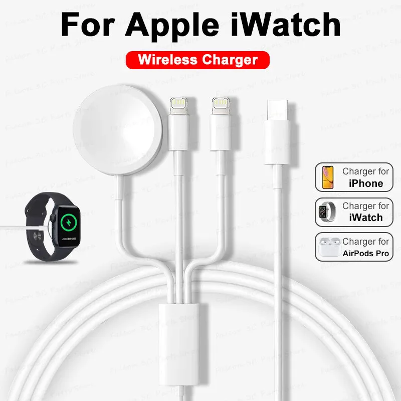3 in 1 USB C Wireless Charger สําหรับ iPhone 14 13 11 Pro Max Fast สายชาร์จข้อมูลสําหรับ Apple Watch Series 7 6 5 SE แท่นแม่เหล็ก