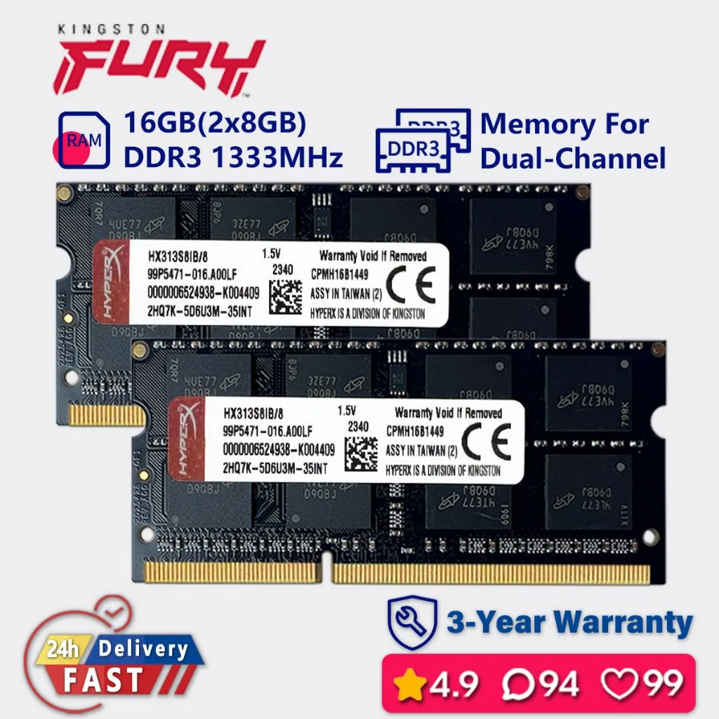 Kingston FURY 8gb 16gb 1333mhz ddr3 Dual channel แล็ปท็อป HYPERX หน่วยความจํา ram sodimm pc3 10600s 1.5v