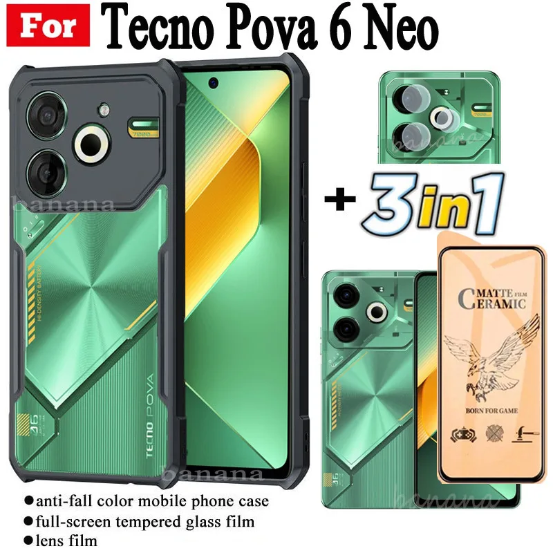 3 in 1 Tecno Pova 6 Neo เคสโทรศัพท์กันกระแทกสําหรับ Tecno Pova 6 Pro Pova 5 Pro เซรามิค Frosted Film + ฟิล์มเลนส์กล้อง