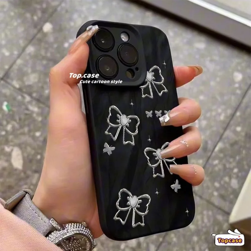 ใช้งานร่วมกับสําหรับiphone 11 15 14 13 12 Pro Max X XR Xs Max 8 7 6s Plus SE 2020 โบว์สีดําคุณภาพสูงผิวรู้สึกMatteจีบเคสโทรศัพท์ปกอ่อน
