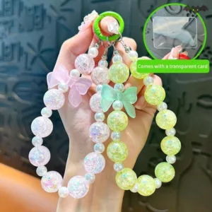 [PE] Sweet Bowknot Phone Chain W/Card Ins สไตล์ลูกปัดจี้ Anti-lost สายรัดข้อมือหูฟัง Charm Bag Decor แหวนกุญแจรถ TH