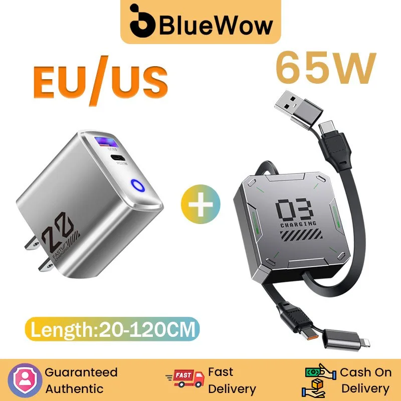 Bluewow 65w fast charger PD ชุดหัวชาร์จและสายเคเบิล เหมาะสําหรับสายชาร์จ ip Android