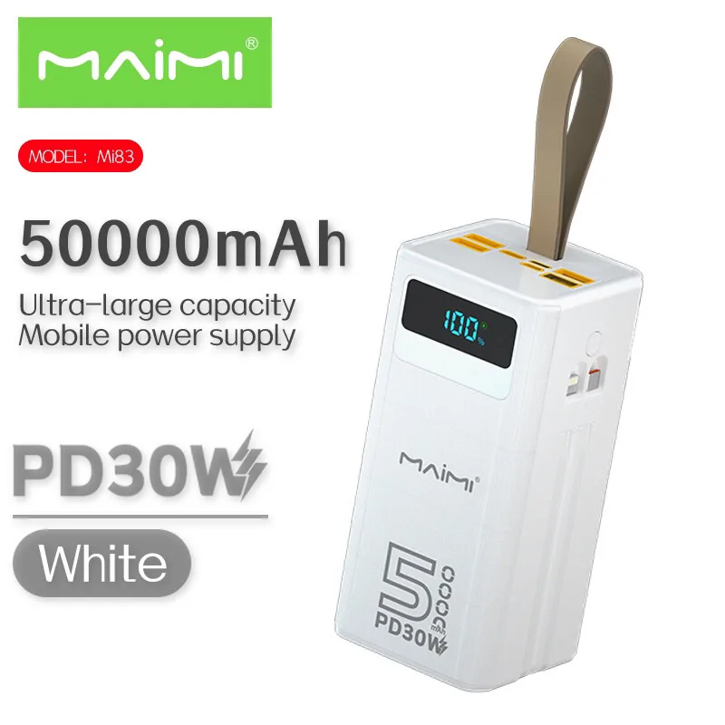 Maimiรุ่น Mi83 power bankมีสายชาร์จในตัว (Type C/ไอโฟน)แบต50000mah (ออก4USB )ชาร์จเร็วPD30W มีจอแสดงผลใช้ได้นาน อึดทนทาน
