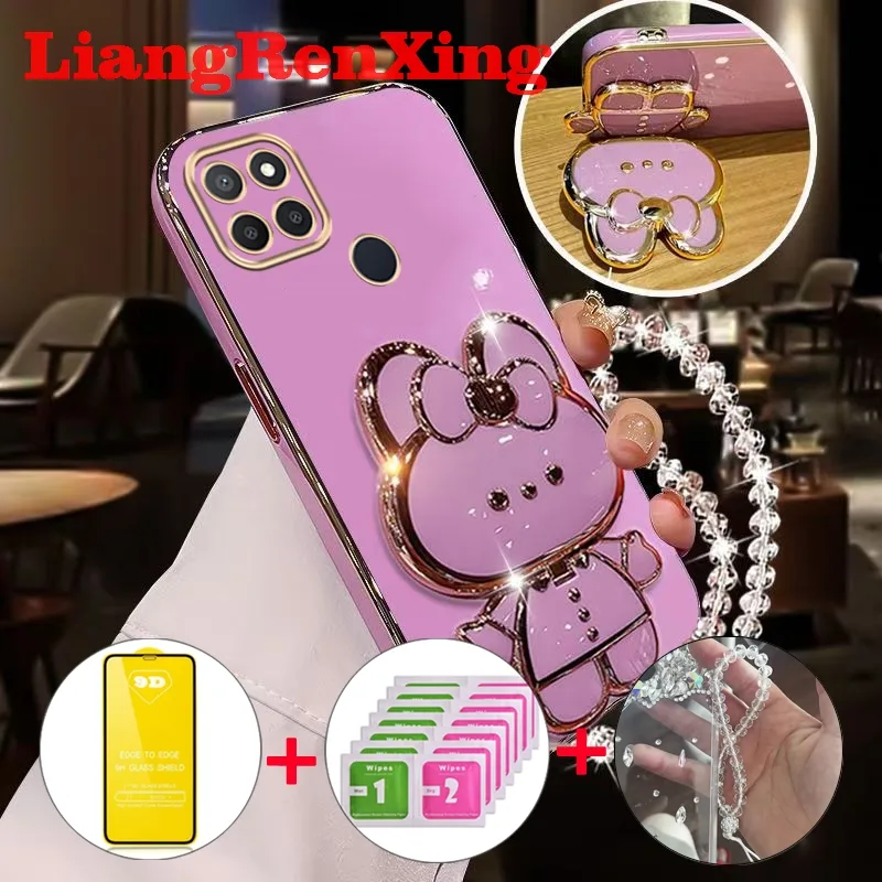 [ด้วยกระจก] เคส ปลอก realme C12 realme C25 realme C25S โทรศัพท์กรณี softcase electroplated ซิลิโคนกันกระแทกปกการออกแบบใหม่ความงามกับผู้ถือกระต่าย DDMTSL01
