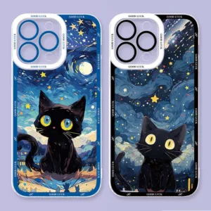 Starry Night Black Catเคสโทรศัพท์สําหรับiPhone 16 15 14 13 12 11 Pro Max XR X XS Max 7 8 Plus SE2 มินิน่ารักภาพวาดสีน้ํามันศิลปะซิลิโคนอ่อนนุ่มClear Angel Eyes Cover