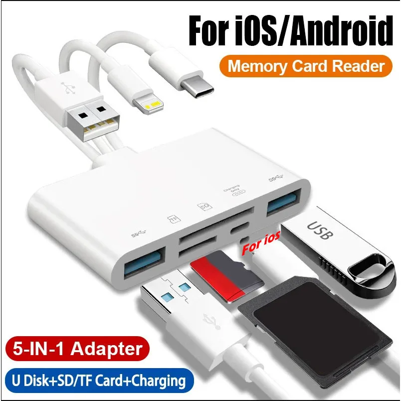 สําหรับ iOS to SD TF เครื่องอ่านการ์ดหน่วยความจํา 5 in 1 อะแดปเตอร์ USB OTG พร้อมพอร์ตชาร์จสําหรับ iPhone iPad Xiaomi Samsung Huawei MacBook