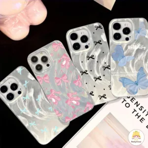แฟชั่น Dream Butterfly BowKnot เคสเลเซอร์โฮโลแกรมหรูหราสำหรับ iPhone 11 15 13 12 14 Pro Max 7plus 7P 8P XR X XS Max