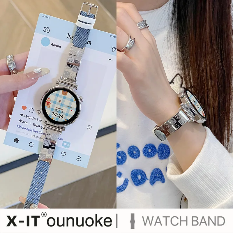 การ์ตูนน่ารักสร้อยข้อมือโลหะสายหนังสําหรับนาฬิกา หัวเว่ย GT 4 5 41 มม. 46 มม. สายนาฬิกาอัจฉริยะ หัวเว่ย GT 2 3 มือโปร สายรัดข้อมืออุป