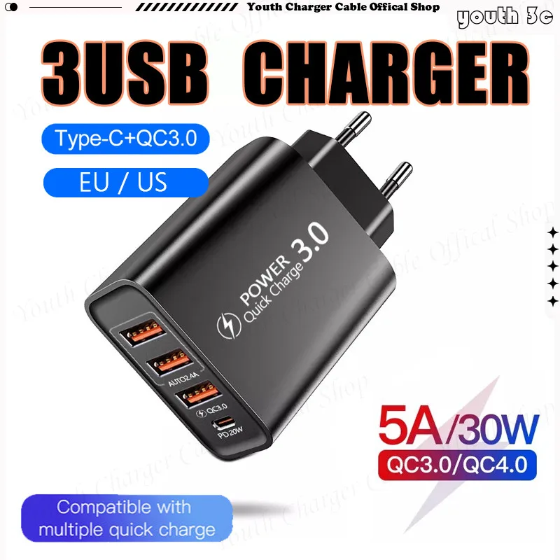 30w fast charger PD 20W + QC3.0 Type-C 4 พอร์ต charger Quick Charge โทรศัพท์มือถือ adoptor สําหรับ Ios/Android/Pad/Type-C อะแดปเตอร์