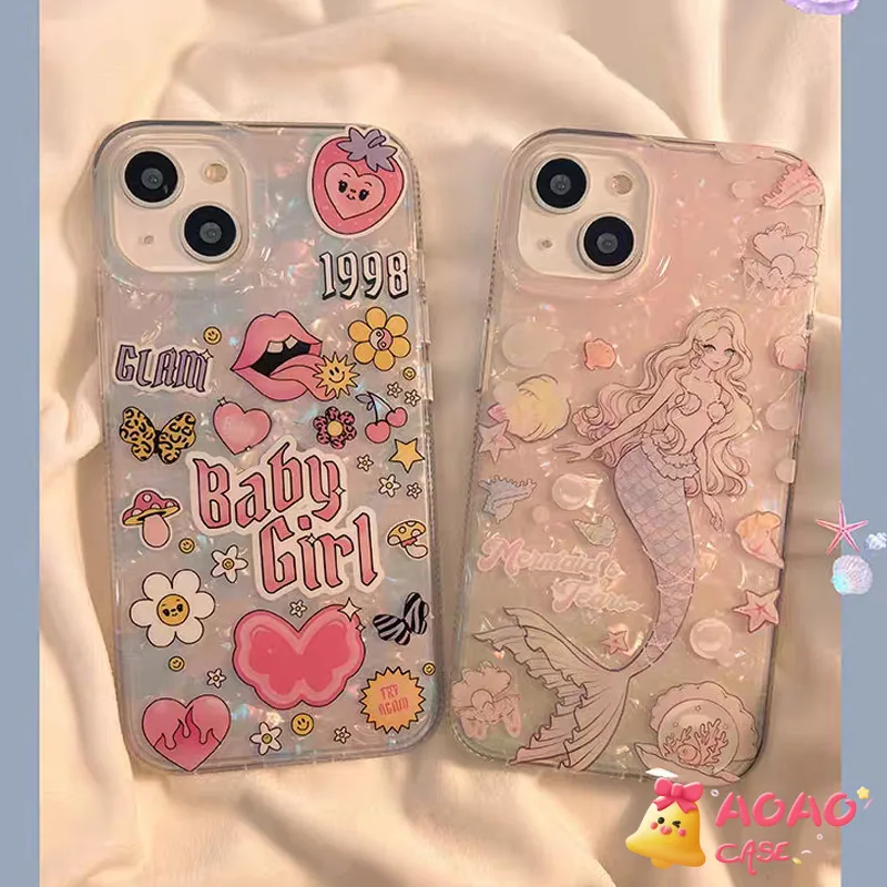 เคสไอโฟน 16 สำหรับ iPhone 11 15 13 16 14 12 Pro Max 7Plus XR 8 7 16 14 15 Plus X XS Max SE 2022 โรแมนติกนางเงือกเด็กสาว