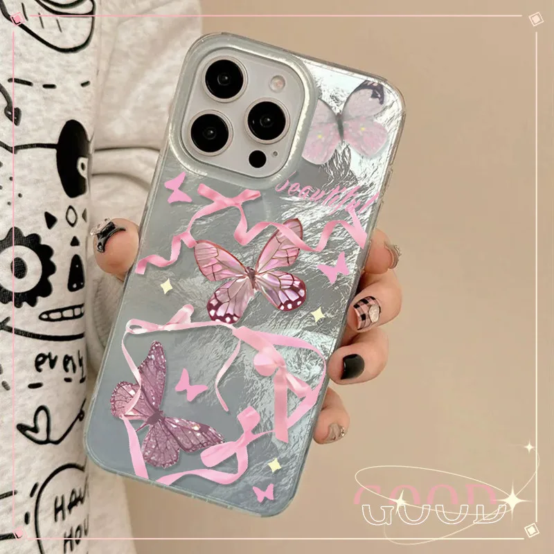GOOD  จากประเทศไทย ซิลเวอร์โฟลว์ Vortex ใช้กับ เคสไอโฟน IPHONE 16 11 12 13 14 15 PRO MAX 14PLUS/15PLUS ผีเสื้อสีชมพู