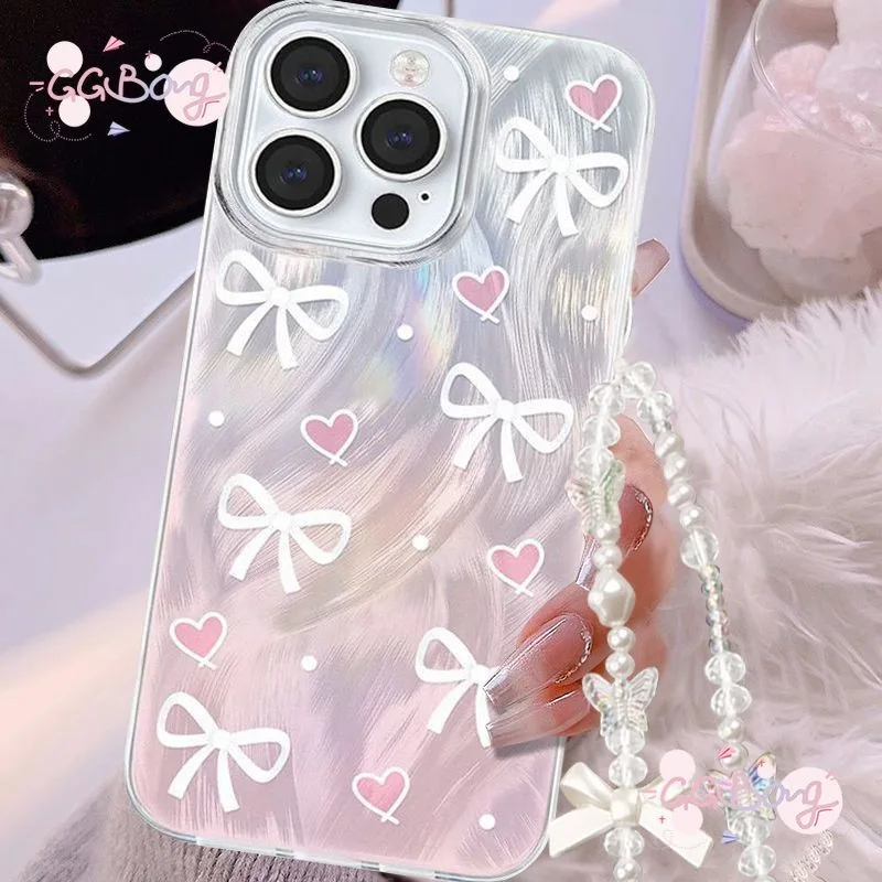 เทรนด์ใหม่ โบว์สีขาว ลายจุด สีชมพู ขนนก คลุมไหมพรม เคสไอโฟน 16 13 14 15 11 12 Pro Max 16 15 7 8 14 Plus XR X XS MAX SE