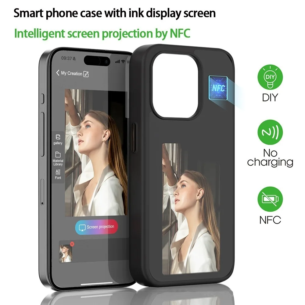 หน้าจอ Eink สมาร์ท NFC Refresh DIY เคสโทรศัพท์สําหรับ Iphone 13 14 15 Plus ฝาครอบป้องกันส่วนบุคคลกรณีที่กําหนดเองจอแสดงผลแบตเตอรี่ฟรี