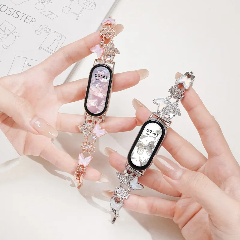 Bling ผีเสื้อสาวสายนาฬิกาสําหรับ Xiaomi Smart Band 9 8 สร้อยข้อมือสายรัดข้อมือ Xiaomi Mi Band 9 8 สมาร์ทวอทช์เพชรสายโลหะ