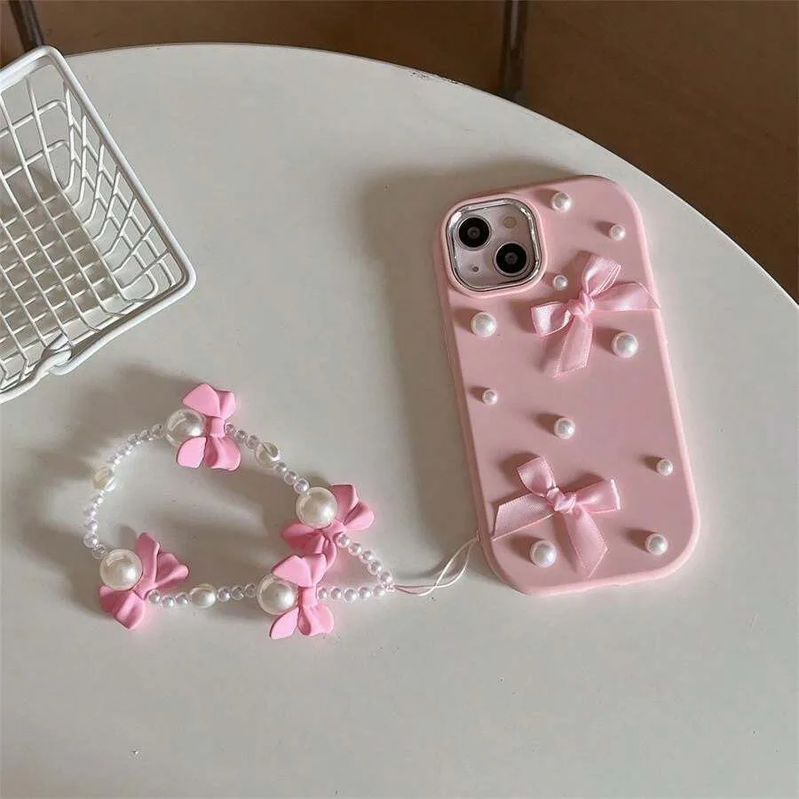 แฟชั่น 3D Pearl Bow รายละเอียดโบว์โซ่สําหรับ Iphone 11 12promax 12 13 14 15 pro max 16promax 16plus กรณีปกอ่อน 14promax 15pro กรณี