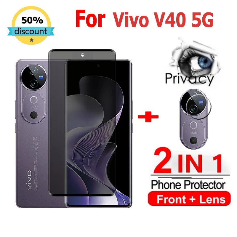 2 in 1 ฟิล์ม Vivo V40 5G ฟิล์มกระจกนิรภัยกันรอยหน้าจอ กันแอบมอง เพื่อความเป็นส่วนตัว สําหรับ Vivo Y03T Y03 Y38 Y100 Y28 Y27S V27e V30e V40 V29e V30 V27 V29 Y78 Y22s Y22 Y27 Y27 Y22s Y27 Pro 5G ฟิล์มกันรอย ฟิล์มกล้อง
