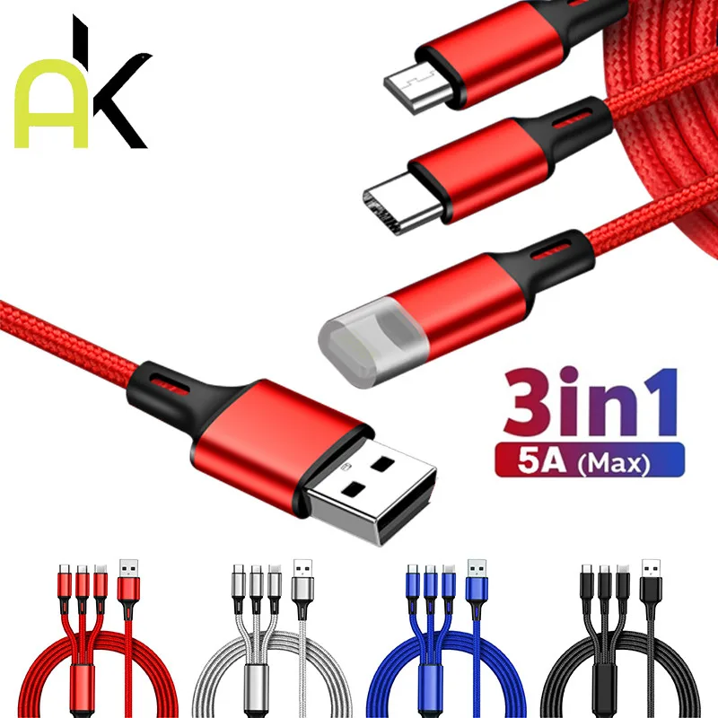 AK สายชาร์จ 3in1 100W U+C to M+L+C Flash Series Two-for-three Fast Charging Data Cable usb cable