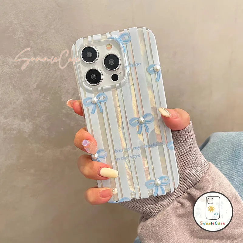 เคสไอโฟน ลายทางสีน้ำเงิน โบว์  สำหรับ เคส IPhone 16 11 12 14 13 15  Pro Max 7 8 16 15 Plus XS XR X Max SE 2020 TPU เคส