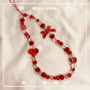 แฟชั่น สีแดงหัวใจรักกุทัณฑ์ลูกปัดโปร่งใสสากลโซ่โทรศัพท์มือถือกล้องเชือกเส้นเล็กอุปกรณ์ตกแต่งพวงกุญแจจี้ป้องกันการสูญหายสายรัดข้อมือ