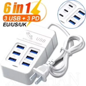 6 พอร์ต PD USB Travel Charger - UK/EU/US สายไฟปลั๊ก - 6USB 3USB-A + 3USB-C ซ็อกเก็ต Outlet - 35W Quick Charging Wall Hub - ปลั๊กอะแดปเตอร์