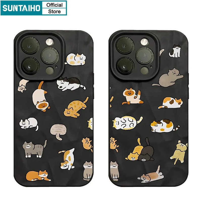 Suntaiho เคสไอโฟน ตลกน่ารักปลอกการ์ตูนแมวรูปแบบเคสโทรศัพท์สําหรับ Iphone 15 14 12 13 11 Pro Max IP 7 8 Plus Iphon X Xs XR Xs Max ซิลิโคนนุ่มพรีเมี่ยมกันกระแทกปกหลัง