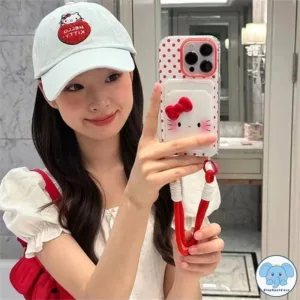 โบว์หวาน HelloKitty เข้ากันได้กับเคสไอโฟน 16 11 13 15 XR 14 12 Pro Max 7 8Plus X XS Max SE เชือกกระเป๋าสตางค์บัตรเคส