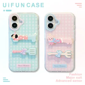 Kawaii 3D Bowknot ส้อม Puppy Cat ลายสก๊อตลายเคสโทรศัพท์สําหรับ iPhone 16 15 14 13 12 Pro Max 11 IMD Shock Proof ป้องกันมือถือปกหลัง
