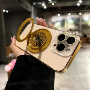 ใหม่ Desert Titanium ปลอกหรูหราชุบเคสโทรศัพท์ Gyro ผู้ถือในตัวขาตั้ง Hard Case สําหรับ iPhone 16 15 14 13 12 11 Pro Max 16plus 15plus เลนส์ป้องกันกรณีฝาครอบขาตั้ง