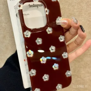 เคสโทรศัพท์สำหรับ iPhone วินเทจดอกไม้เบอร์กันดี16/15/14Pro เฉพาะ ins13promax/12/11สามมิติมุก xsmax/XR นุ่ม7/8PLUS เคสป้องกันแบบครอบทั้งหมดรูใหญ่กันกระแทก qs7x