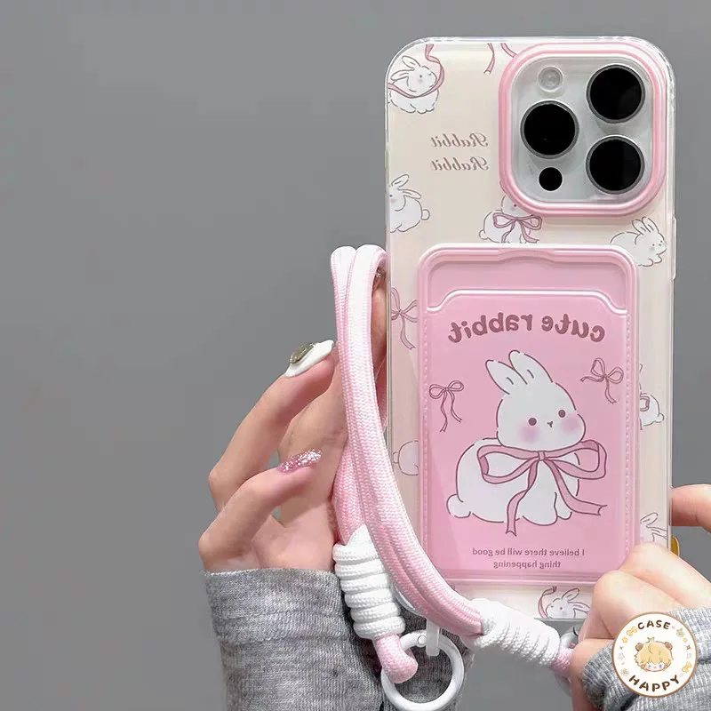 แฟชั่นกระต่ายที่น่ารักการ์ตูนโบกบอน กระเป๋าสล็อตการ์ เคสIPhone 16 15 11 13 14 12 Pro Max XS X XR Max 15 7 8 Plus SE 2020