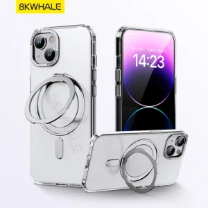 BKWHALE วงเล็บวงแหวนหมุน 360 องศา กรณีโทรศัพท์แม่เหล็ก สำหรับ iPhone 15 Pro Max 16 Plus 14 Pro Max 14 + 15 + 16 Pro Max 11 12 13 Pro Max ที่อยู่อาศัยโปร่งแสง