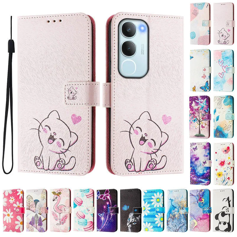 Vivo Y19s V2419 กรณีน่ารักทาสีรูปแบบพลิกเคสโทรศัพท์สําหรับ Vivo Y17s กรณี Vivo Y02S กรณีแม่เหล็กกระเป๋าสตางค์หนังปกหนังสือ