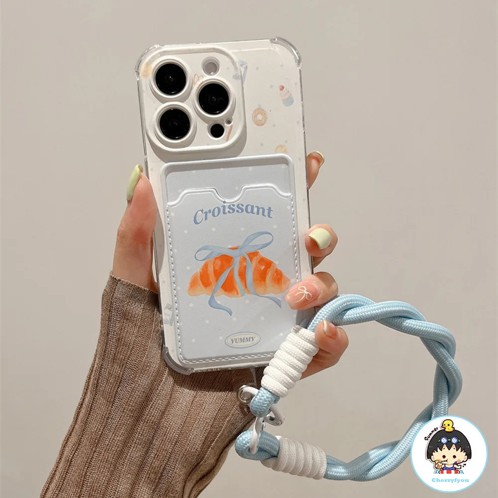แฟชั่น Croissant Bowknot ผู้ถือบัตรทอ Lanyard เคสโทรศัพท์สําหรับ IPhone 16 15 14 13 12 11 Pro Max X XR 8 7 Plus กันชน Drop-proof Soft TPU ปกหลัง
