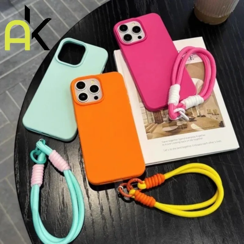 AK For IPhone 16 15 14 13 12 11 Pro Max X XR Max 7 8 Plus INS Leather pattern with hanging rope Phone Case Case Soft