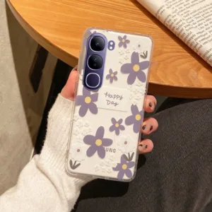 เคสสมาร์ทโฟนสําหรับ VIVO Y200 5G VIVOY200 ดอกไม้สีเขียวสีม่วงเคสโทรศัพท์น่ารักน่ารักโปร่งใส Softcase TPU ฝาหลัง