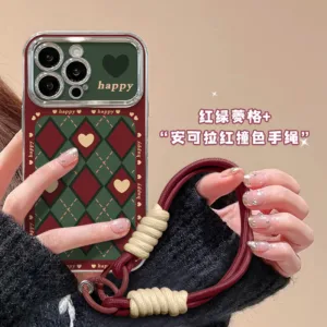 Iphone 16 15 14 13 12 11 Pro Max X XR XS Max 7 8 Plus INS สีแดงคริสต์มาสเพชรตารางเชือกมือเคสโทรศัพท์ปกอ่อน