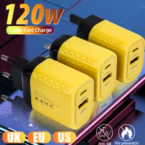 120w Charger Fast Quick Charging PD USB Type C Charger - ใช้งานร่วมกับ Samusng - ที่มีประสิทธิภาพอินเทอร์เฟซคู่หลายแรงดันไฟฟ้า - Fast Charging EU/US/UK Plug Adapter
