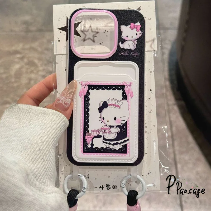 โบว์น่ารัก HelloKitty เข้ากันได้กับเคสไอโฟน 16 13 11 15 XR 14 12 Pro Max 7 8 Plus X XS Max SE เชือกกระเป๋าสตางค์บัตรเคส