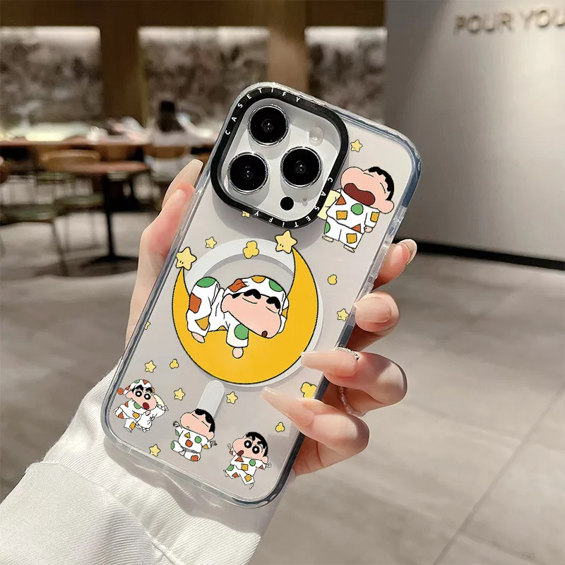 Crayon Shin-chan Stars และ Moon ไร้สายชาร์จแม่เหล็กสําหรับ IPhone 11 14 15 16 Pro Max 12 13 Pro Max ฝาครอบ 14 15 16 PLUS ซิลิโคนนุ่มกันชนใสกันกระแทกปลอก