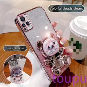 เคสโทรศัพท์สําหรับ vivo V20 V20 PRO v20se v23e v23 v21 v21e 5G แฟชั่น Glitter Electroplating โปร่งใสกรณีเชลล์บรรเทาความเครียดที่มีสีสันลูกปัดหมีวงเล็บพับ