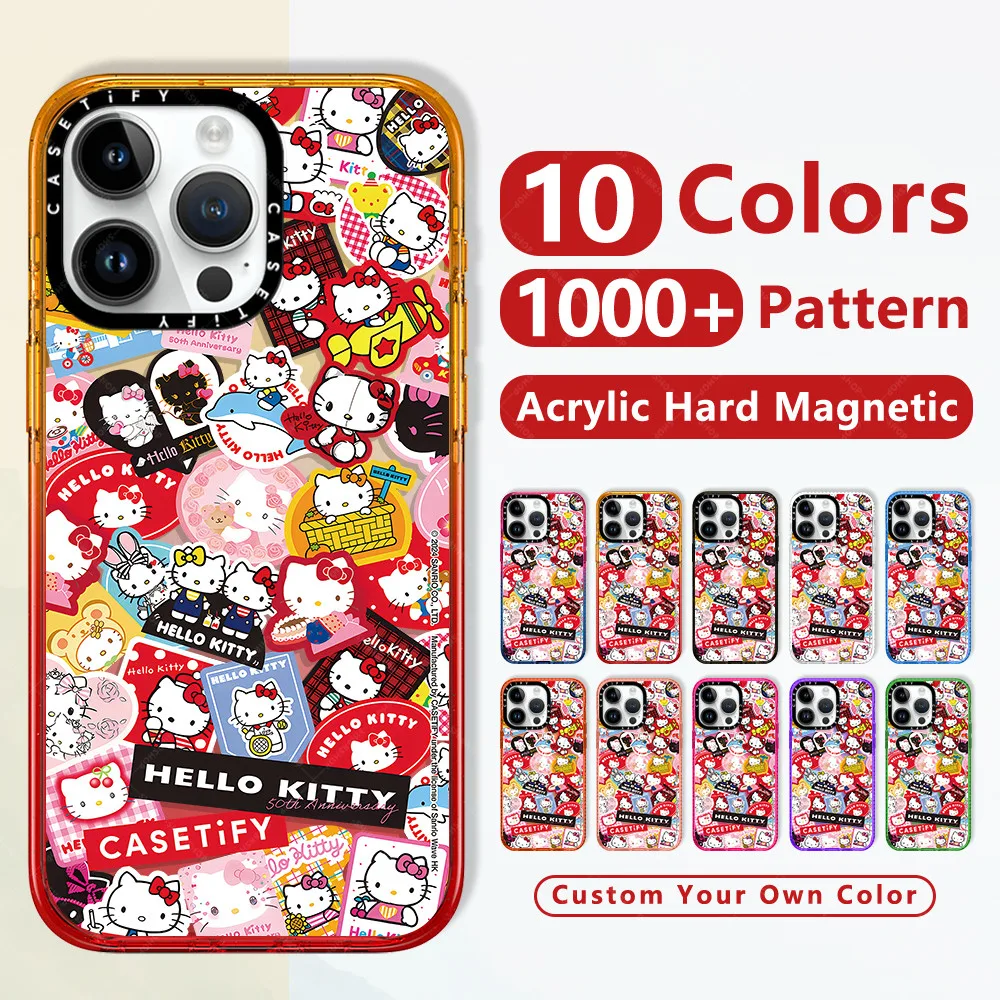แฟชั่นกันกระแทกใสแข็งใสไอโฟนแม่เหล็กชาร์จได้caseเคสของผู้หญิง Hello Kitty 50th Anniversary สติกเกอร์สําหรับ Iphone 16 Pro 12 13 14 Pro Max 15 16 Plusหรูหราคุณภาพสูงยี่ห้อป้องกันสีเหลืองฝาปิดใสขอบเรียบแข็งปกป้องโทรศัพท์มือถืออุปกรณ์เสริมสำหรับ Tify