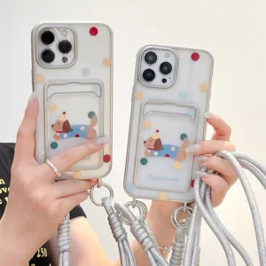กระเป๋าใส่บัตรเชือกใสพร้อมสุนัขไส้กรอกลายจุดเหมาะสําหรับเคสโทรศัพท์ IPhone 15 ใหม่ Apple 13/14 สาว 12 เชือกยาว 15pro แพ็คเต็ม 13ProMax เคสป้องกัน