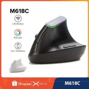 Delux M618C Ergonomic เมาส์ไร้สายแนวตั้ง 6 ปุ่มเมาส์สําหรับเล่นเกม RGB 1600 DPI Optical เม้าส์สําหรับแล็ปท็อปพีซี