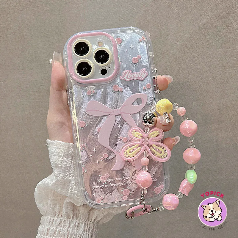 ดอกไม้ Rose สีชมพูผีเสื้อสําหรับ iPhone 16 15 14 13 12Pro Max 11 XR XS Max 7 8 Plus SE2020 สร้อยข้อมือการ์ตูนฝาครอบโทรศัพท์สําหรับ iPhone 16Pro 16Plus นุ่ม NYS