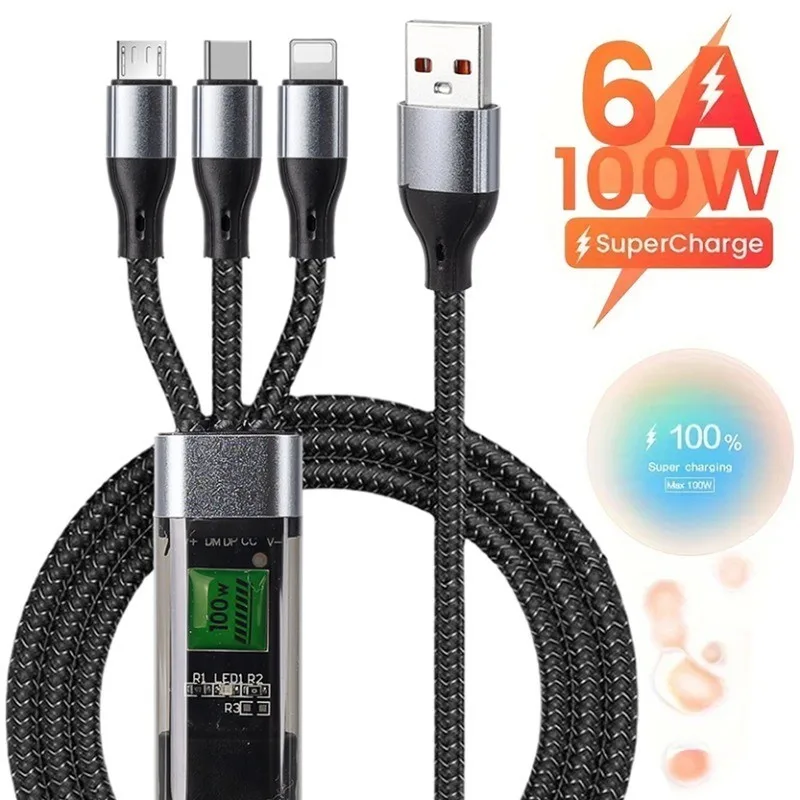 3 in 1 100W 6A Type C สายชาร์จเร็วสุด / Micro USB ถึง Type-C ที่ชาร์จโทรศัพท์สายเคเบิลข้อมูล / สายชาร์จจอแสดงผลดิจิตอล