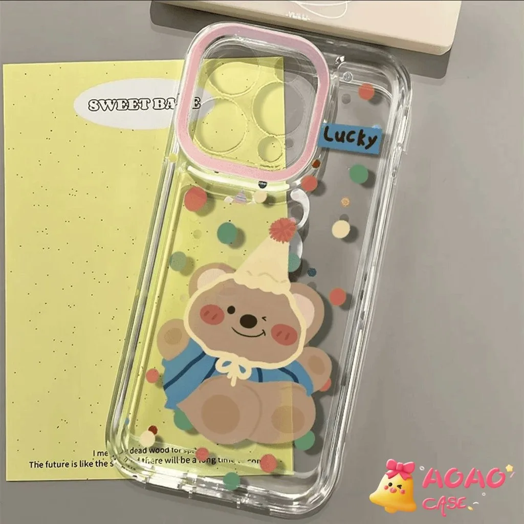 เคสไอโฟน13 สำหรับ iPhone 11 15 13 12 14 Pro Max 8 7 14 15 Plus XR X XS Max SE 2020 การ์ตูนน่ารักน่ารักหมีอ่อนนุ่มโปร่งใส