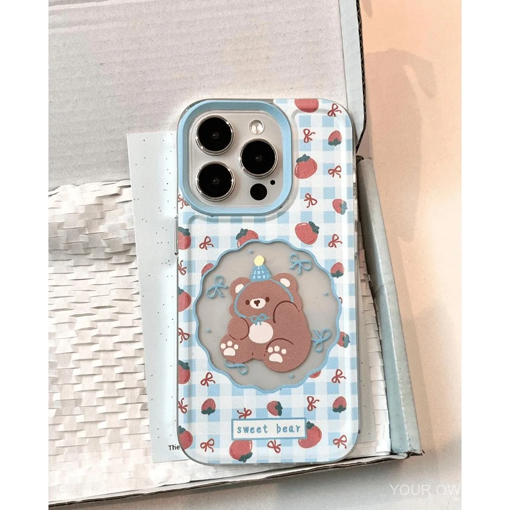 ลายสก๊อตสีฟ้าลูกพลับหมีสำหรับแอปเปิ้ล15PROMAX เคสมือถือสำหรับ iphone14น่ารัก13ใส12เคสนิ่ม voly